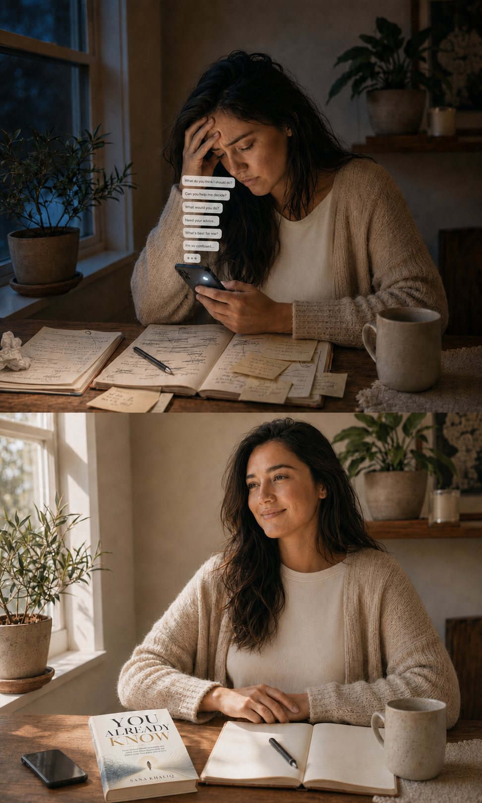 A woman moving from decision overwhelm and approval-seeking to confidence and self-trust, with the You Already Know book.